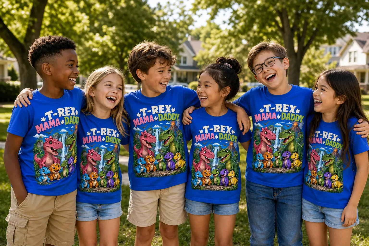 Kids wearing T-Rex Mama Daddy blue shirts