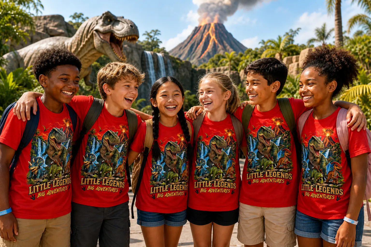 Kids wearing Little Legends red shirts at a dinosaur park