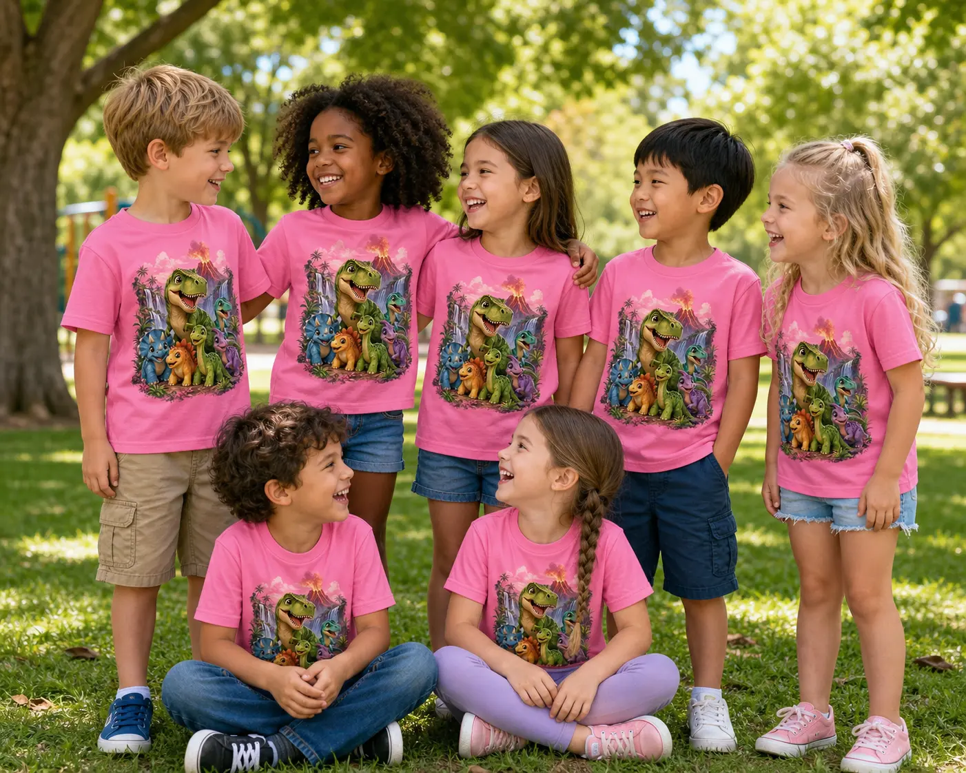 Kids wearing pink dinosaur shirts together in a park