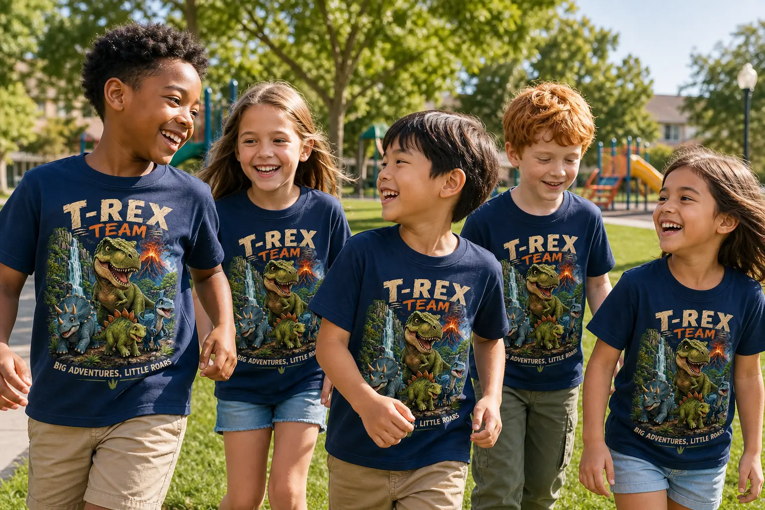 Kids wearing T-Rex Team navy shirts at a playground