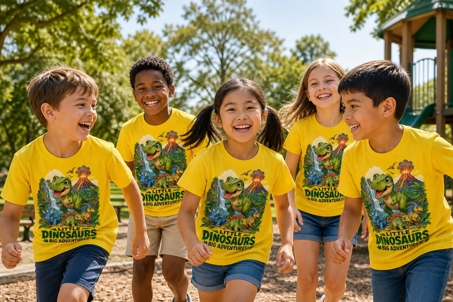 Kids wearing Little Dinosaurs yellow shirts at a playground