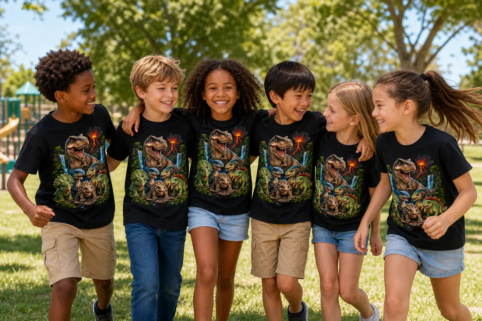 Kids wearing black dinosaur shirts at a playground